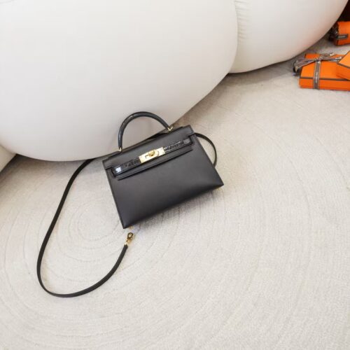 New Hermes Mini Kelly Touch 19CM Madame / Shiny Crocodile Leather CC89 Noir Gold Hardware