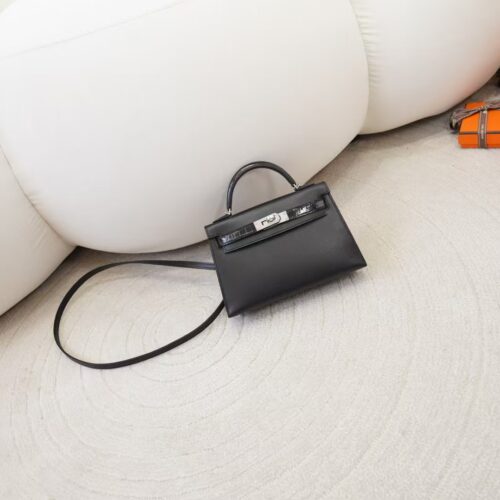 Hermes Evening Bag CK89 Noir Madame Leather / Shiny Crocodile Mini Kelly Touch 19CM Silver Hardware
