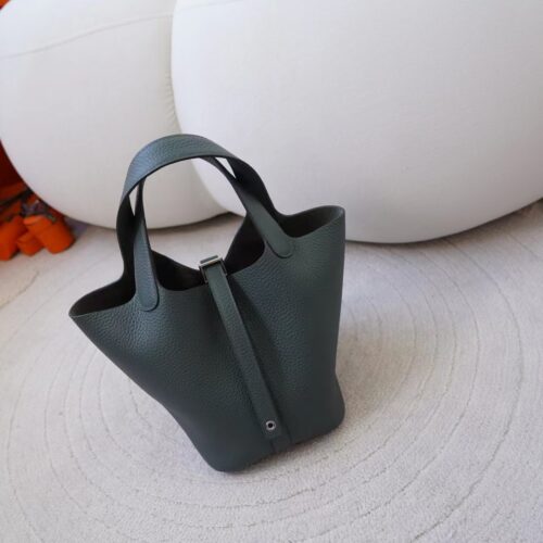 Hermes Bag Images Clemence Leather CK63 Vert Amande Picotin 18CM Silver Hardware