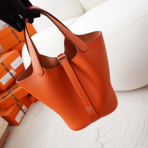 UAE Dubai Hermes Picotin 18CM 9J Feu Orange Clemence Leather Silver Hardware